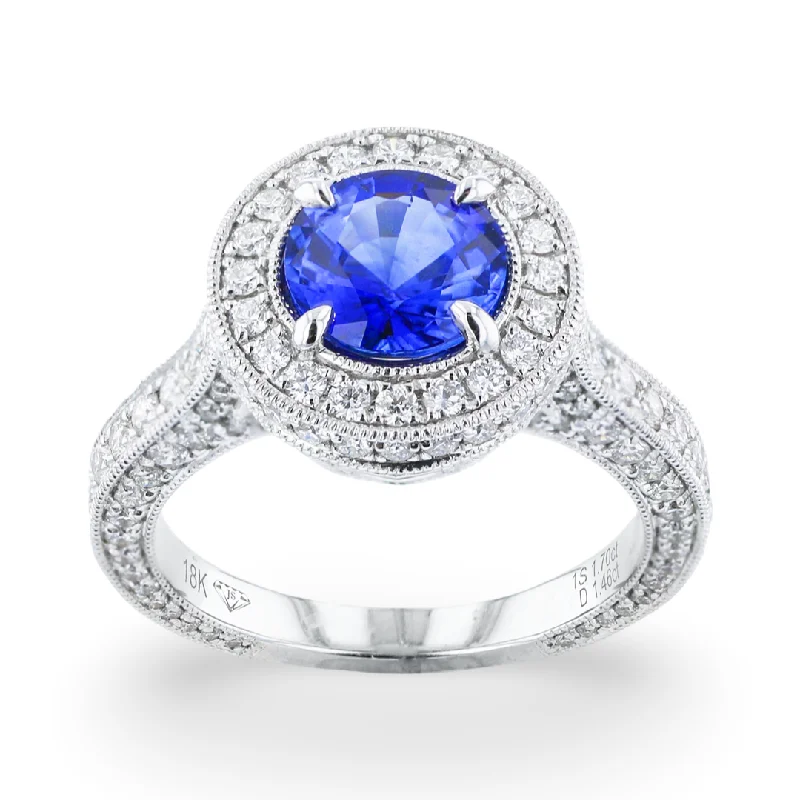 Sleek topaz gemstone rings in cool blue tones -JULEVE 18KT WHITE GOLD 1.70CT SAPPHIRE & 1.45CTW DIAMOND HALO RING