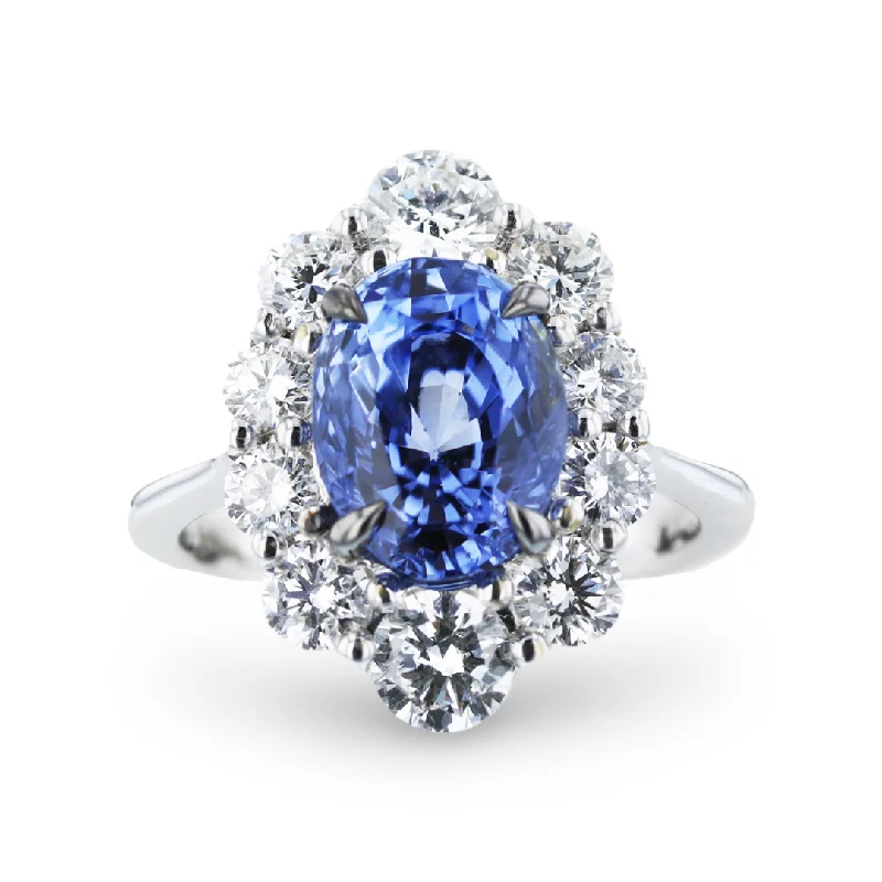 Boho turquoise gemstone rings with rustic stone charm -JULEVE 18KT WHITE GOLD 4.06CT SAPPHIRE & 1.60CTW DIAMOND HALO RING