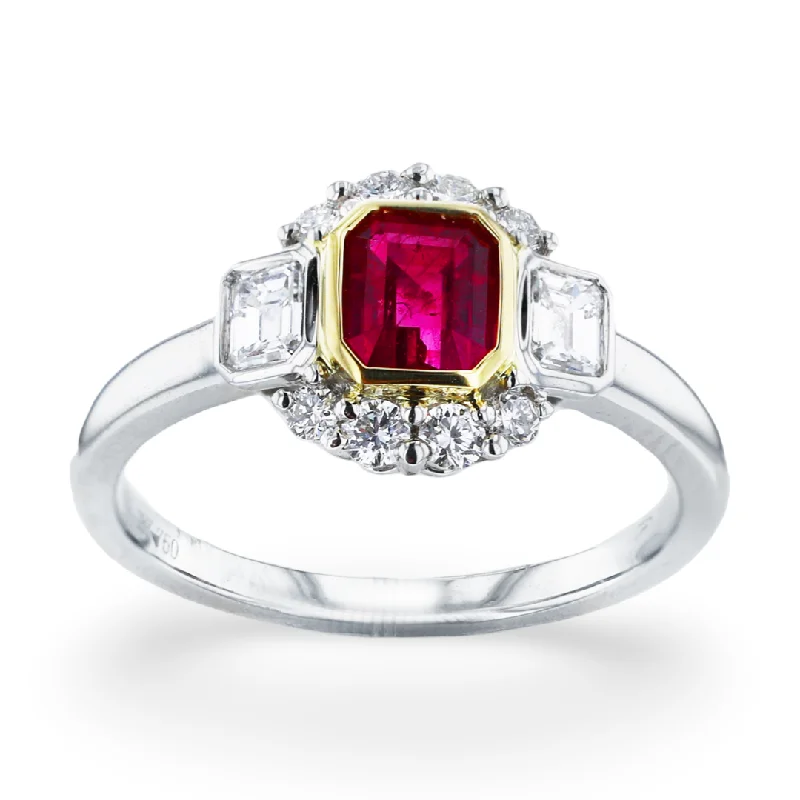 Vibrant sapphire gemstone rings for elegant blue statements -JULEVE PLATINUM & GOLD 0.44CT RED EMERALD & 0.46CTW DIAMOND 3-STONE RING