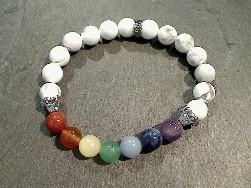 Antique silver bracelets with heirloom vintage charm -Howlite With Chakra Stones 8MM Stretch Bracelet