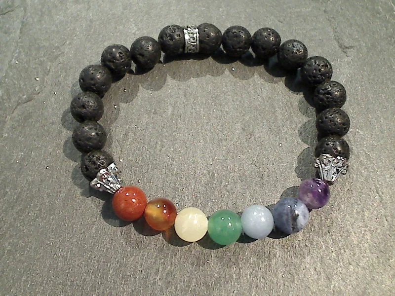 Sleek matte bangles for understated modern finish -Lava Rock With Chakra Stones 8MM Stretch Bracelet