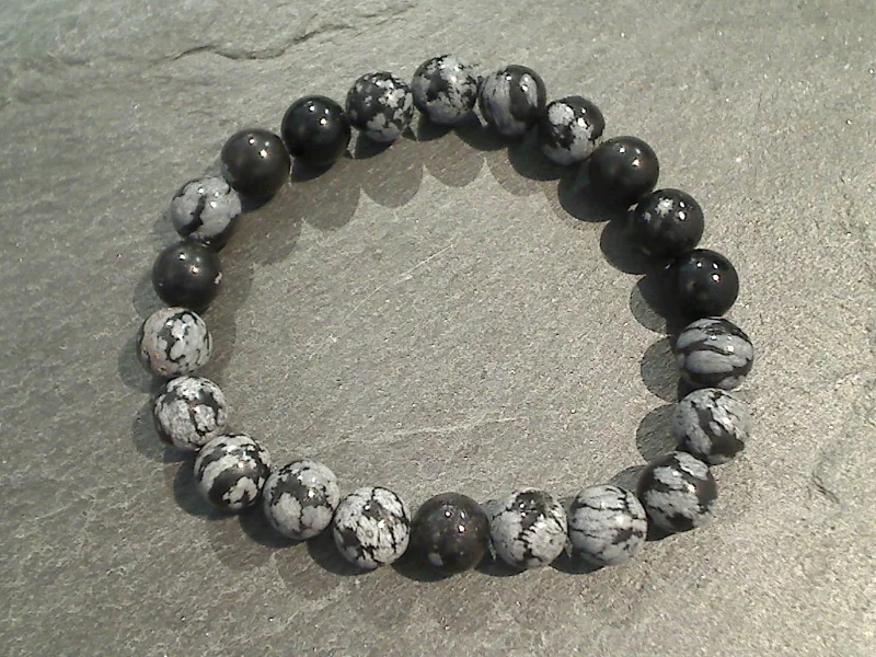 Delicate charm bracelets with dangling personalized tokens -Snowflake Obsidian 8MM Stretch Bracelet