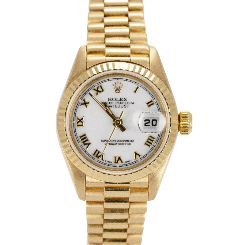 Men's watches with classic leather straps and stainless steel cases for a sophisticated appearance -Ladies Rolex DateJust President 26mm White Roman 18K Yellow Gold Watch 69178