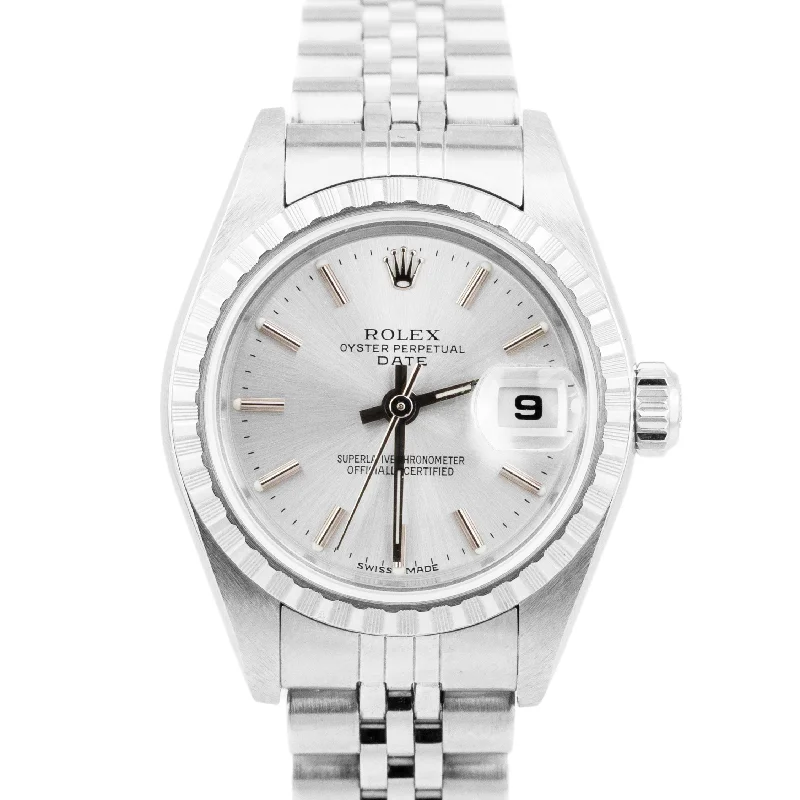 Stylish men's watches with leather straps and stainless steel cases for refined fashion -Ladies Rolex Oyster Perpetual Date 26mm Silver Engine-Turned Steel Watch 79240