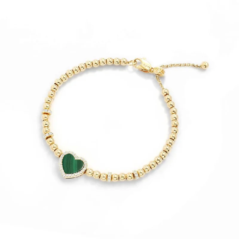 Polished copper bangles with vintage warm shine -Malachite Heart Adjustable Bracelet with Beads