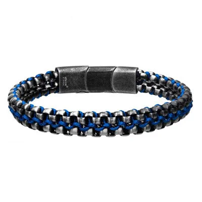 Hand-forged bracelets showcasing raw metal beauty -Mens Black and Blue Cord Bracelet in Stainless Steel (8 1/4 inches)