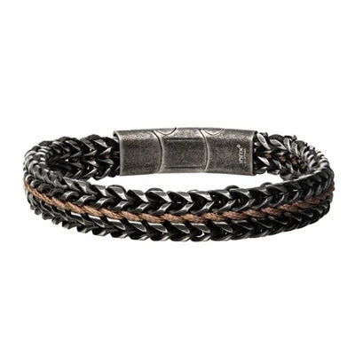 Rich obsidian bangles for dark bold statements -Mens Black and Brown Cord Bracelet in Stainless Steel