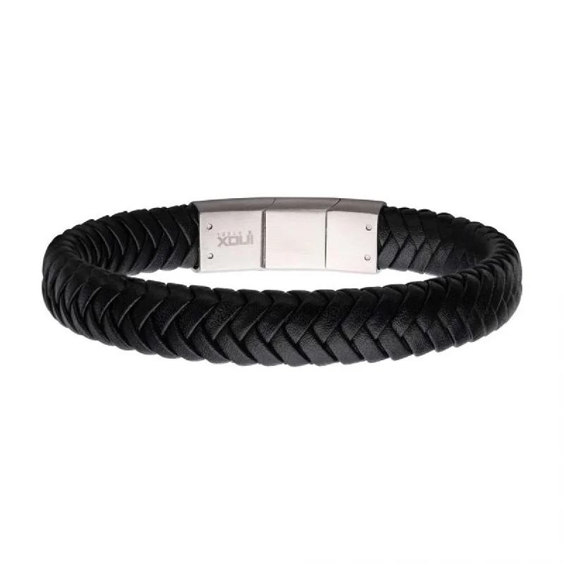 Timeless sapphire bangles blending blue with grace -Mens Black Braided Leather Bracelet in Stainless Steel