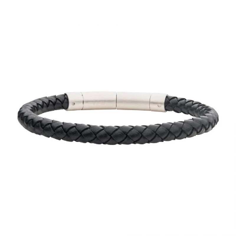 Intricate pave bracelets glittering with tiny gems -Mens Black Leather Cord Bracelet in Stainless Steel