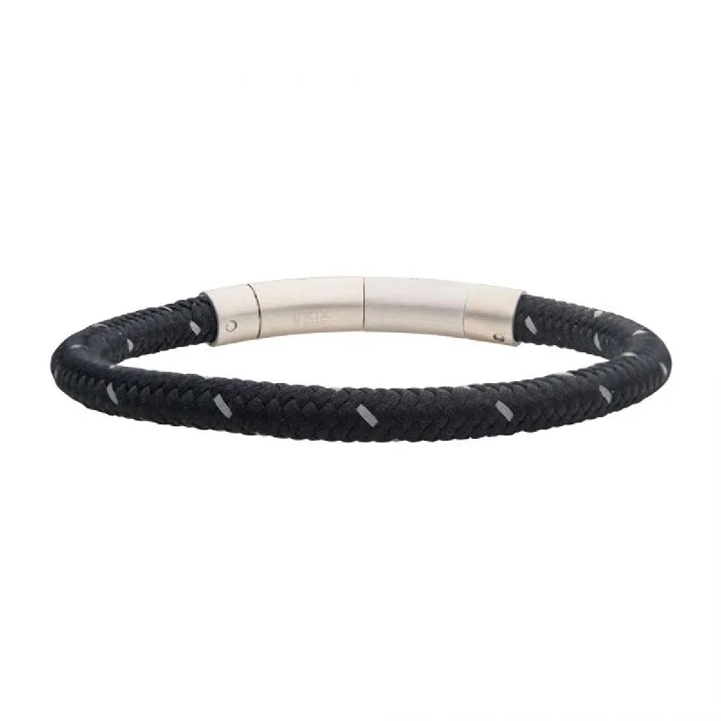 Sunny topaz bracelets for crisp clear sparkle -Mens Black Reflective Nylon Cord Bracelet in Stainless Steel