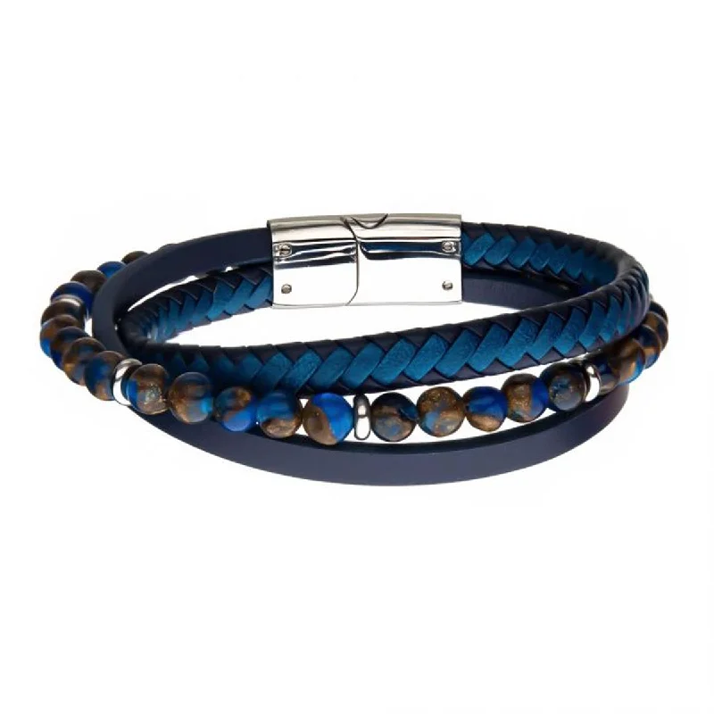 Organic shell bangles evoking coastal wrist charm -Mens Blue Leather Pietersite Bead Bracelet in Stainless Steel