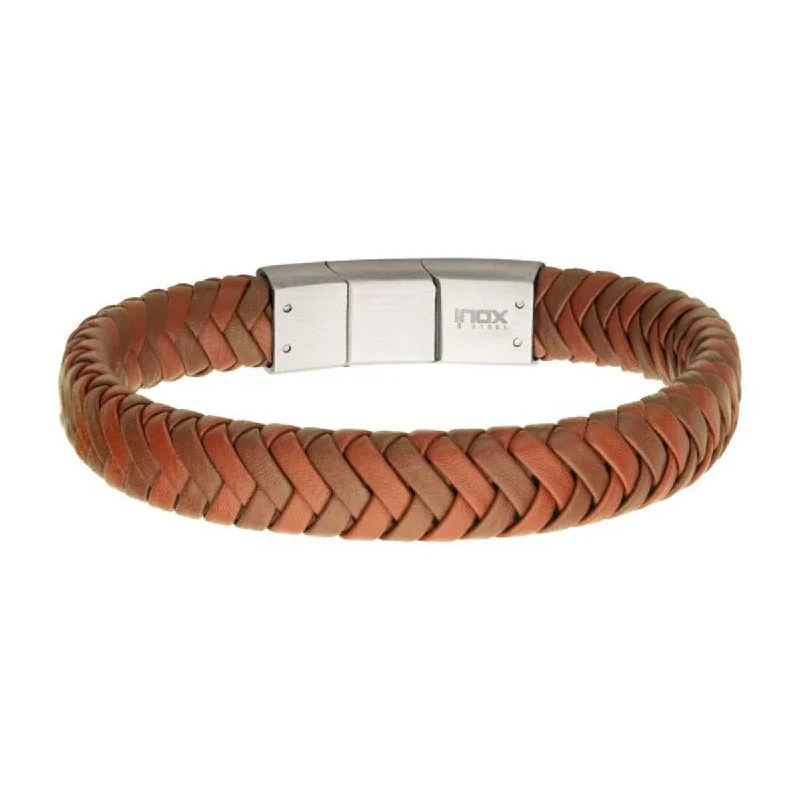 Organic jasper bracelets for earthy grounded style -Mens Brown and Tan Braided Leather Bracelet in Stainless Steel