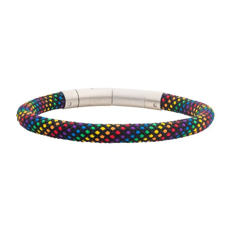 Sculptural silver bangles with abstract wrist shapes -Mens Rainbow Nylon Cord Bracelet in Stainless Steel