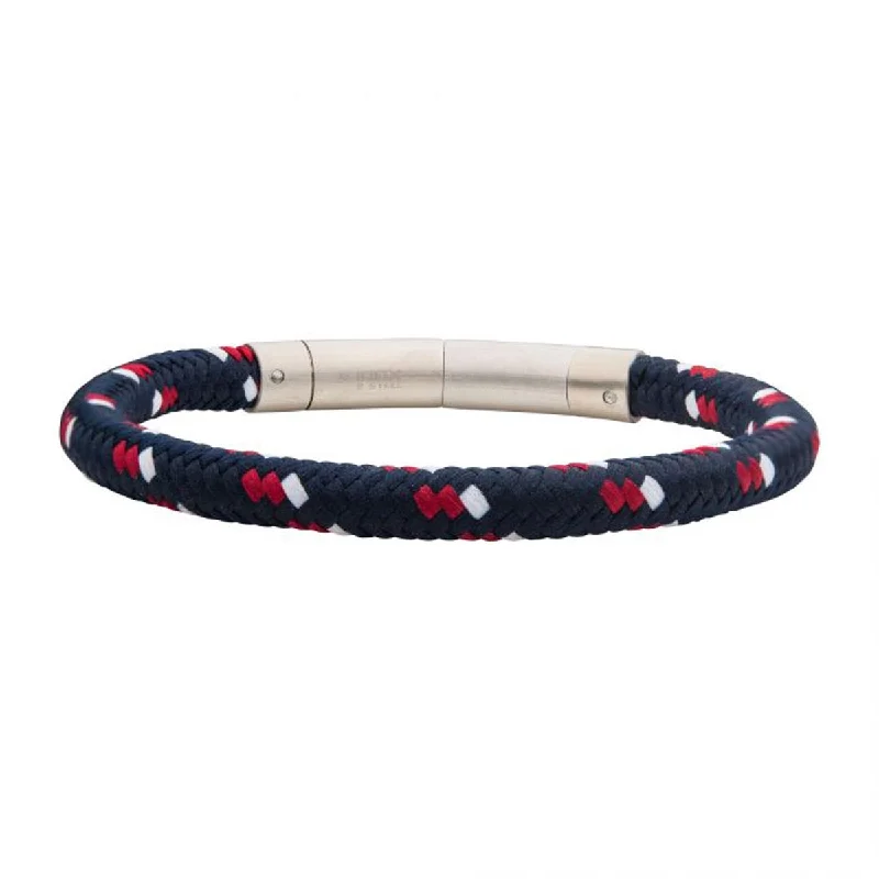 Sleek gold bangles for elegant everyday stacking -Mens Red White and Blue Nylon Cord Bracelet in Stainless Steel