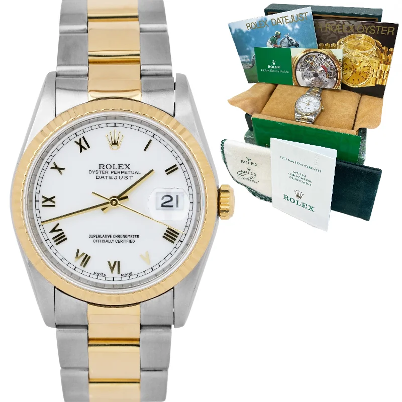 Men's watches with classic designs and gold-tone finishes for a refined and fashionable look -MINT 1998 Rolex DateJust 36mm White Dial Roman Two-Tone 18K Gold Watch 16233 BP