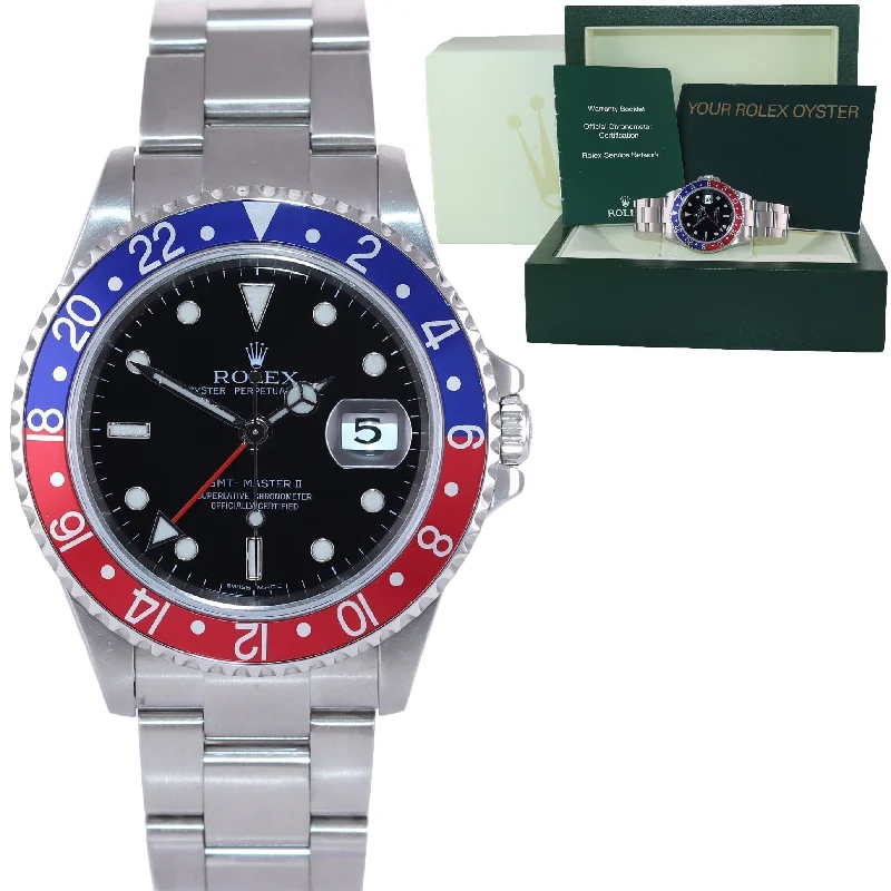 Men's watches with military-inspired designs and robust cases for durability and strength -MINT 2004 Rolex GMT-Master 2 Pepsi Blue Red Steel 16710 NO HOLES Black Watch