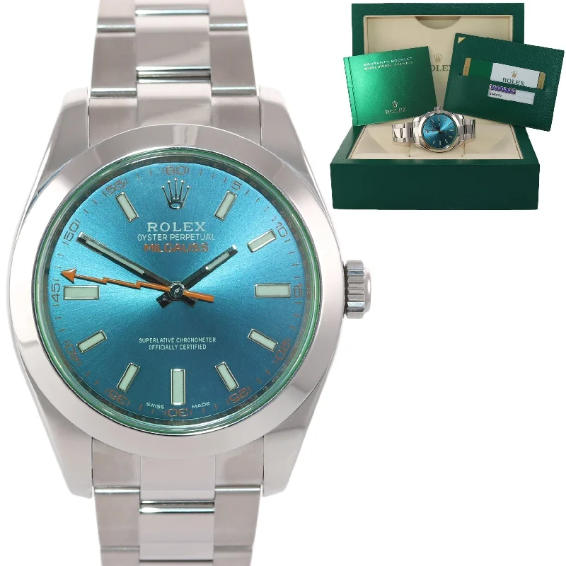 Sleek men's watches with titanium cases for lightweight, corrosion-resistant, and modern style -MINT 2017 PAPERS Rolex Milgauss Blue Dial Anniversary Green 116400GV Steel Watch