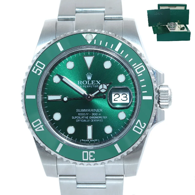 Elegant men's watches with silver-tone bands and understated designs for a timeless appeal -MINT 2019 Rolex Submariner Hulk 116610LV 40mm Green Ceramic Watch Box