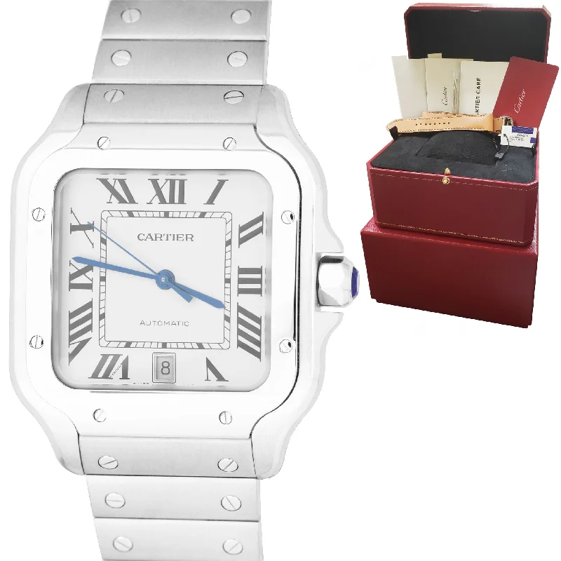 Men's watches with polished steel cases and leather bands for a sophisticated and timeless accessory -MINT Cartier Santos 42mm Automatic Stainless Steel White 4072 Watch WSSA0018