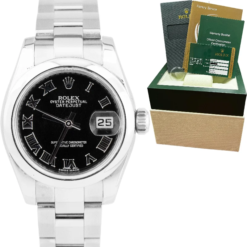 Fashionable men's watches with futuristic designs and high-tech functionalities for modern trends -Ladies Rolex DateJust 26mm Black Roman Stainless Steel Oyster Watch 179160 CARD