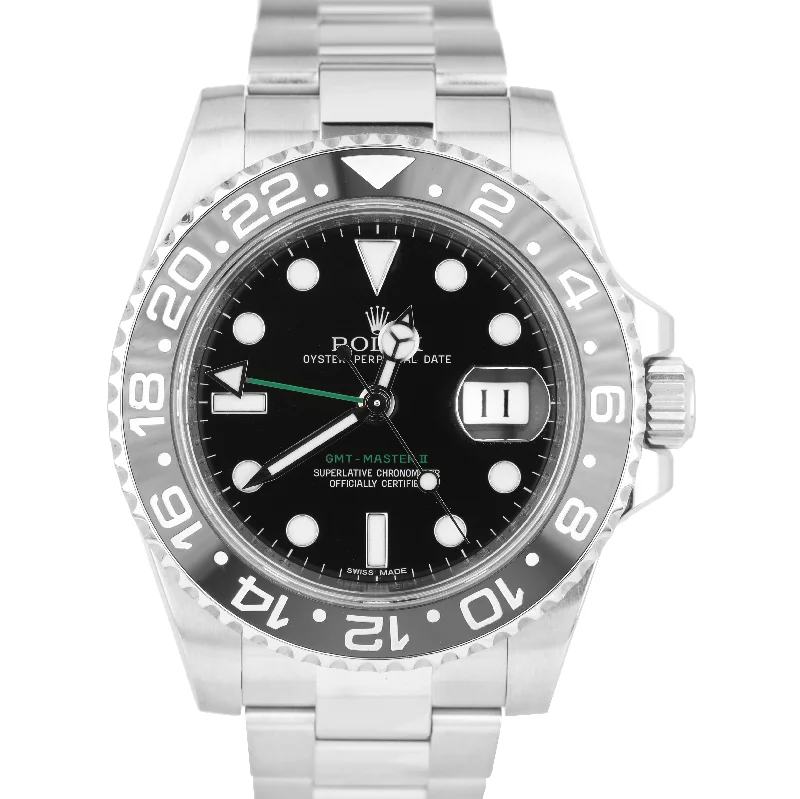 Modern men's watches with sleek, metallic finishes and minimalist dials for a stylish, everyday look -MINT RANDOM SERIAL Rolex GMT-Master II Stainless Black 40mm Ceramic 116710 Watch