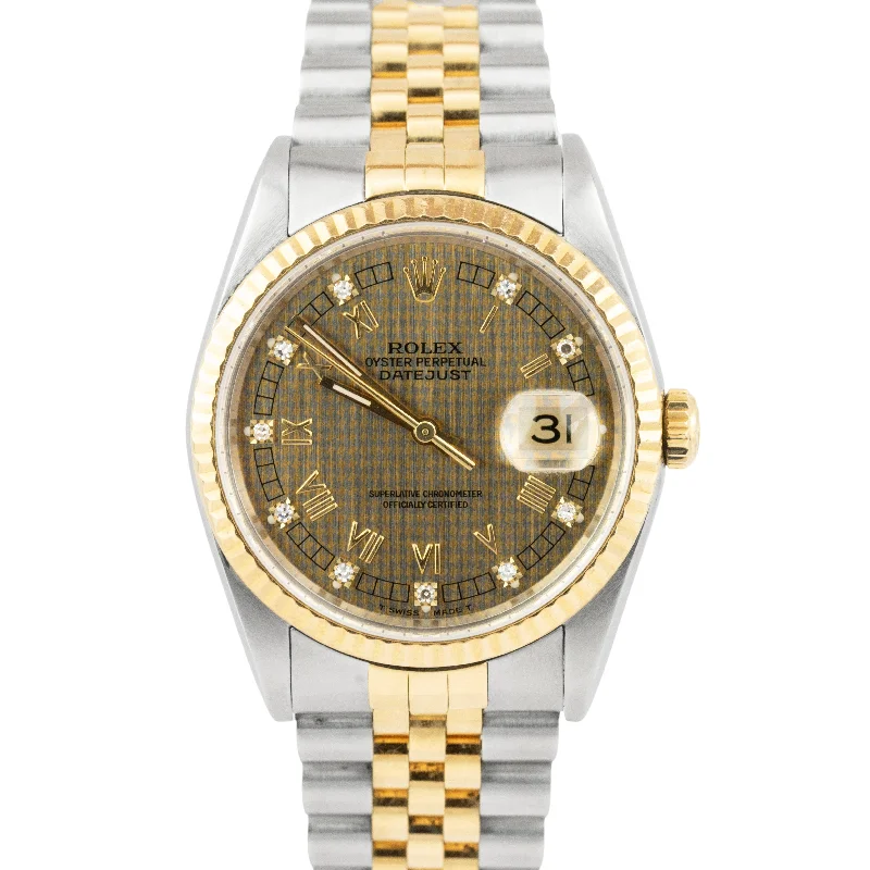 Men's watches with titanium bands and scratch-resistant sapphire crystals for durability -MINT Rolex DateJust 36mm Houndstooth Diamond Dial 18K Gold Steel Watch 16233