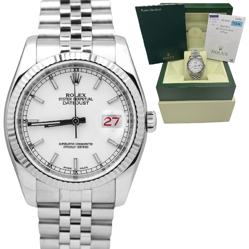 Classic men's watches with stainless steel cases and leather straps for versatile everyday wear -MINT Rolex DateJust JUBILEE White 36mm RED ROULETTE 18K Gold Steel Watch 116234