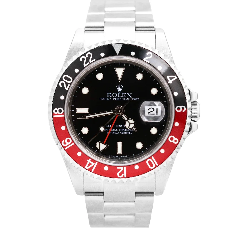 Modern men's watches with sleek, metallic finishes and minimalist dials for a stylish, everyday look -MINT Rolex GMT-Master II 40mm NO HOLES 16710 Black Red COKE Bezel Steel Watch