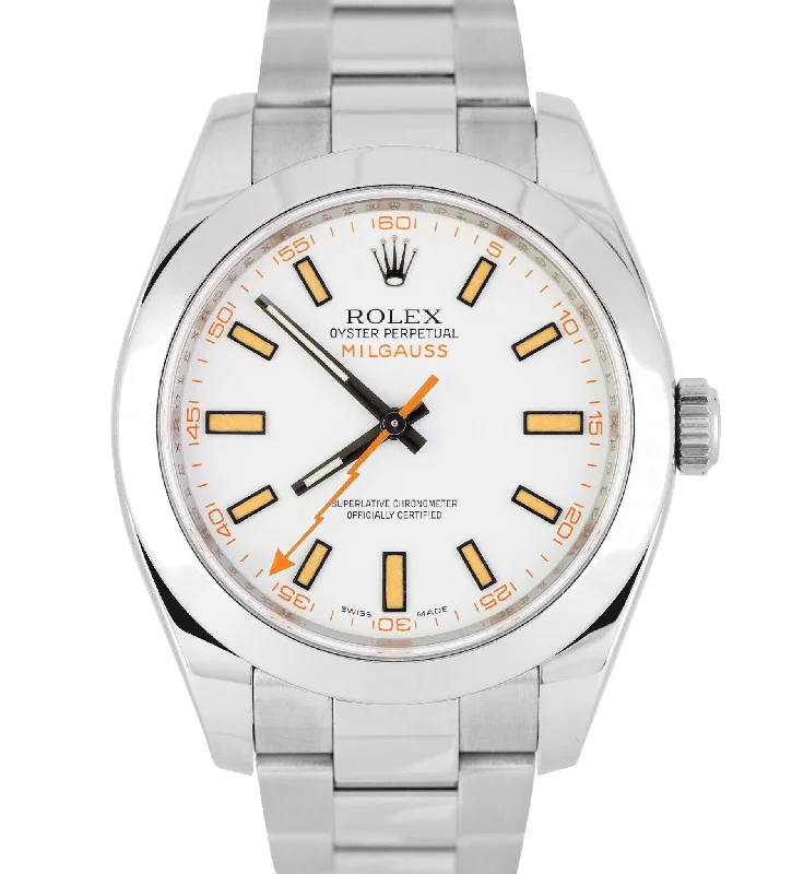 Elegant men's watches with gold-tone bands and classic Roman numerals for luxury appeal -MINT Rolex Milgauss 116400 White Anti-Magnetic Oyster Stainless Steel 40mm Watch