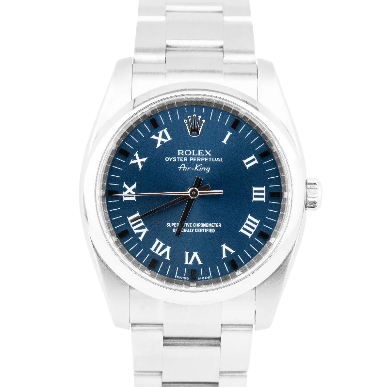 Men's watches with sophisticated complications like chronographs, date displays, and moonphases -MINT Rolex Air-King Blue Roman Stainless Steel Smooth 34mm Oyster Watch 114200