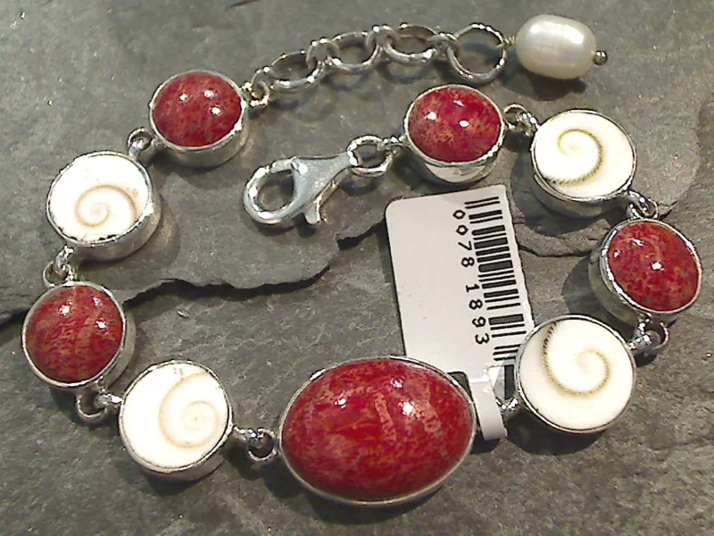 Modern acrylic bracelets with geometric bold shapes -6.75" - 7.5" Coral, Shiva's Eye Shell, Sterling Silver Bracelet