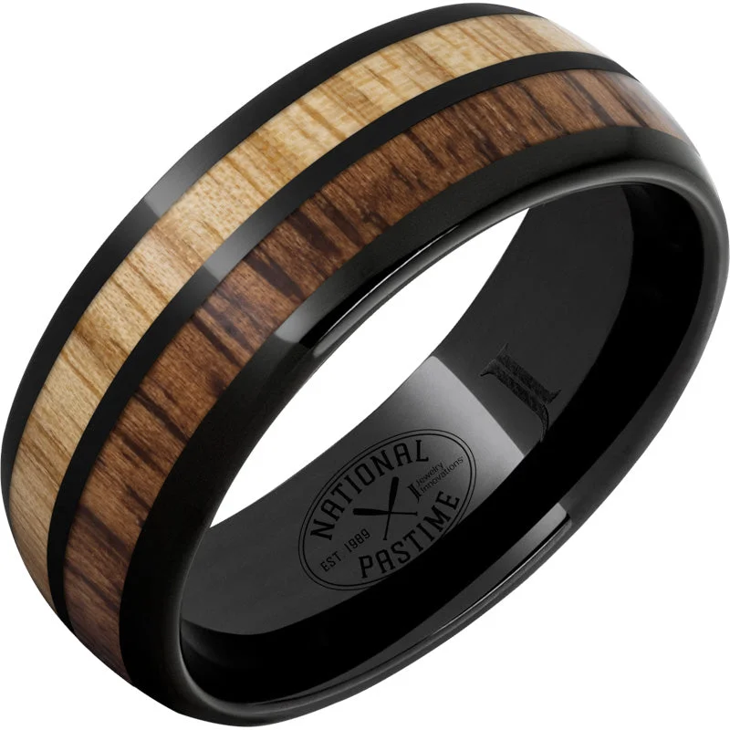 Pure pearl gemstone rings for timeless grace -National Pastime Collection™ Black Diamond Ceramic™ Dome Ring with Hickory and White Ash Vintage Baseball Bat Wood Inlays