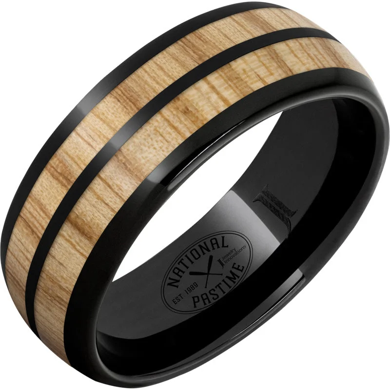 Warm citrine gemstone rings for golden glow -National Pastime Collection™ Black Diamond Ceramic™ Dome Ring with Vintage White Ash Baseball Bat Wood Inlays