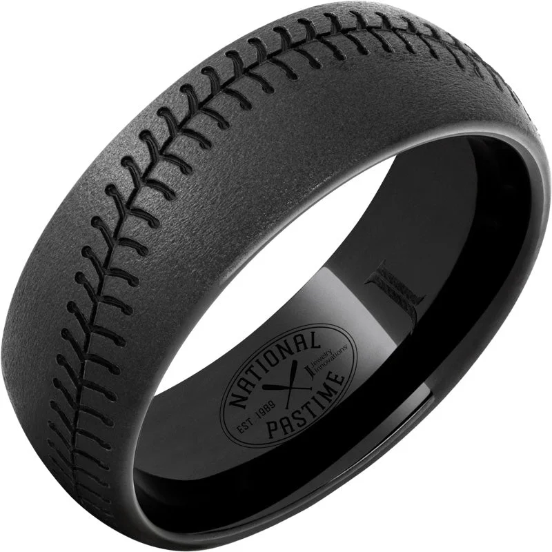 Bright topaz gemstone rings for clear sparkle -National Pastime Collection™ Black Diamond Ceramic™ Domed Baseball Stitch Ring with Stone Finish