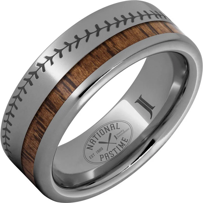 Whimsical amethyst gemstone rings with quirky purple charm -National Pastime Collection™ Rugged Tungsten™ Ring with Hickory Vintage Baseball Bat Wood and Baseball Stitch Engraving