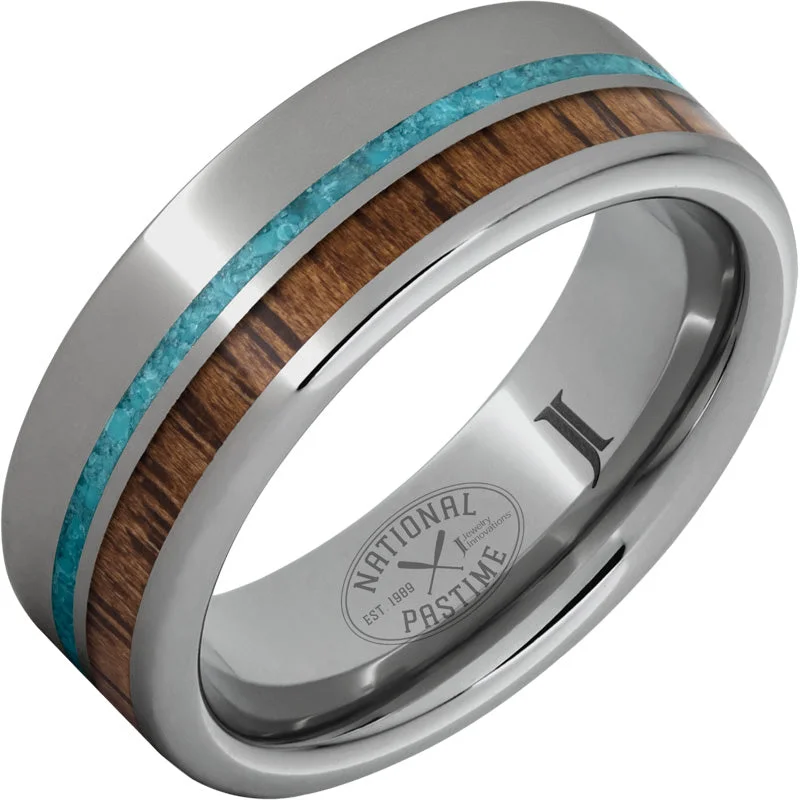 Zesty peridot gemstone rings bringing green vibrancy -National Pastime Collection™ Rugged Tungsten™ Ring with Hickory Vintage Baseball Bat Wood and Turquoise Inlays