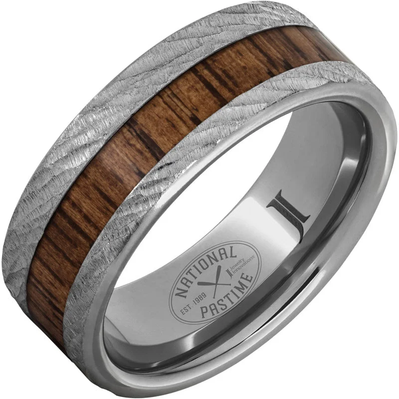 Tranquil aquamarine gemstone rings evoking gentle waves -National Pastime Collection™ Rugged Tungsten™ Ring with Hickory Vintage Baseball Bat Wood Inlay and Bark Finish