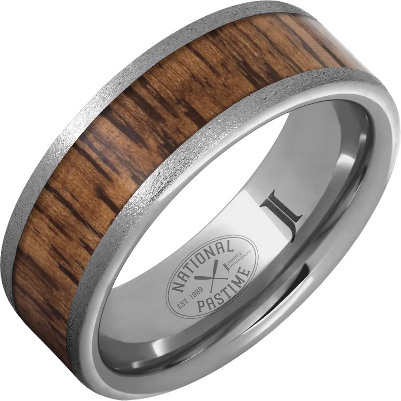 Warm garnet gemstone rings perfect for cozy evenings -National Pastime Collection™ Rugged Tungsten™ Ring with Hickory Vintage Baseball Bat Wood Inlay and Stone Finish