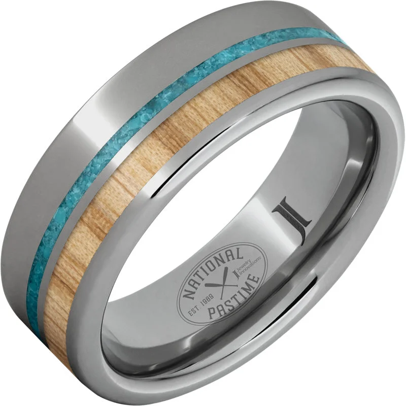 Dreamy moonstone gemstone rings with soft lunar charm -National Pastime Collection™ Rugged Tungsten™ Ring with White Ash Vintage Baseball Bat Wood and Turquoise Inlays