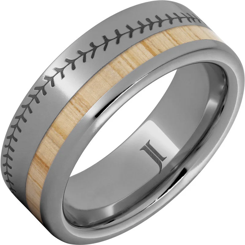 Radiant diamond gemstone rings for dazzling proposals -National Pastime Collection™ Rugged Tungsten™ Ring with White Ash Vintage Baseball Bat Wood Inlay and Baseball Stitch Engraving