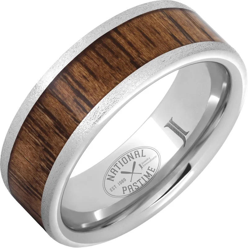 Sparkling diamond gemstone rings marking eternal love -National Pastime Collection™ Serinium® Ring with Hickory Vintage Baseball Bat Wood Inlay and Stone Finish