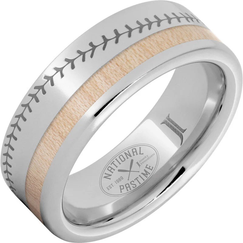 Lustrous pearl gemstone rings enhancing simple sophistication -National Pastime Collection™ Serinium® Ring with Maple Vintage Baseball Bat Wood Inlay and Baseball Stitch Engraving