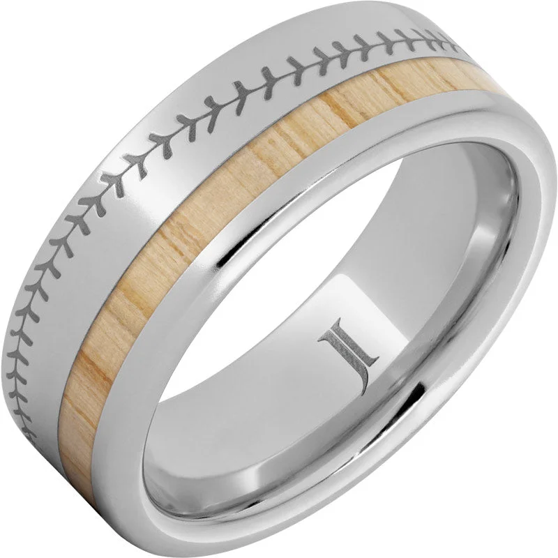 Dreamy moonstone gemstone rings with soft lunar charm -National Pastime Collection™ Serinium® Ring with White Ash Vintage Baseball Bat Wood Inlay and Baseball Stitch Engraving