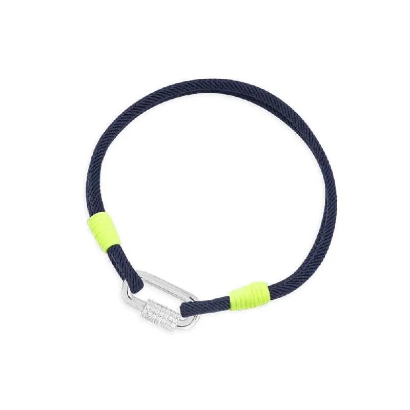 Hand-carved bangles featuring unique stone inlays -Navy and Fluo Yellow Friendship Bracelet with Chain Link - White Silver