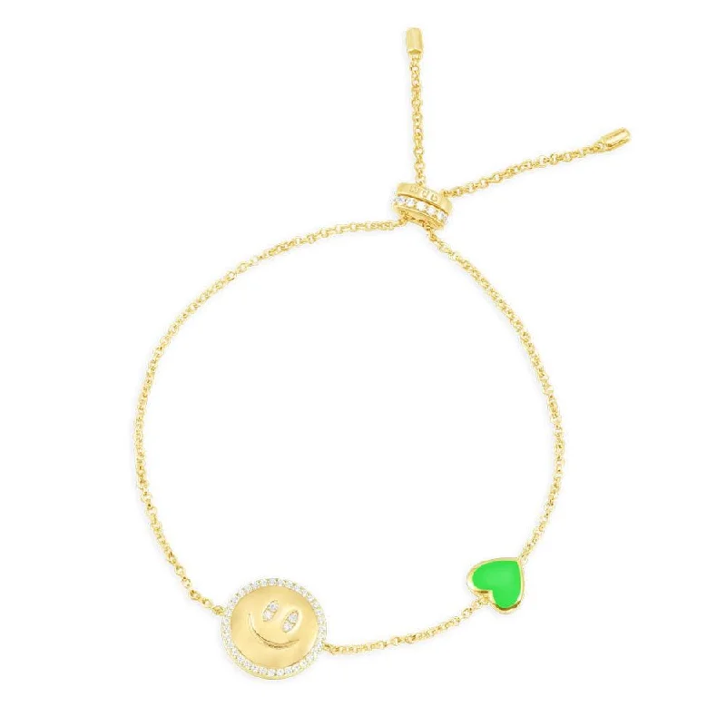 Ethereal jade bracelets with calming green depth -Neon Green Heart & Happy Face Adjustable Bracelet - Yellow Silver