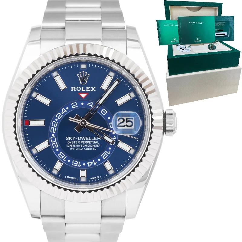 Men's watches with sophisticated complications like chronographs, date displays, and moonphases -NEW DEC 2022 Rolex Sky-Dweller Stainless Steel White Gold BLUE 42mm Watch 326934