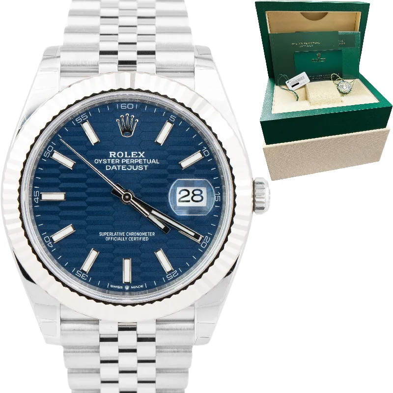 Elegant men's watches with silver-tone bands and understated designs for a timeless appeal -NEW NOV 2022 Rolex DateJust 41 Blue Motif Fluted Steel Jubilee Watch 126334