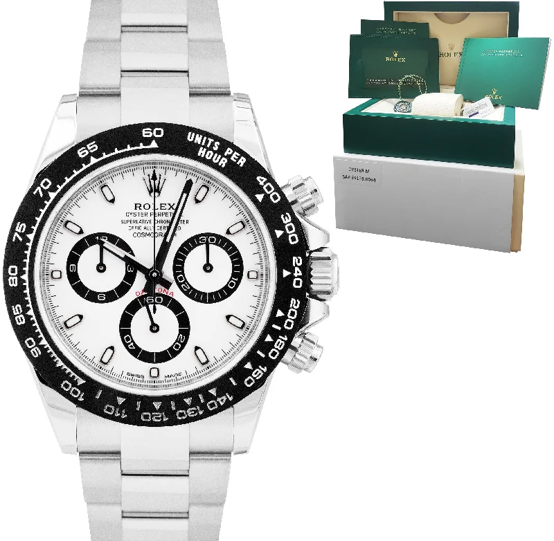 Sophisticated men's watches with gold accents and leather bands for a luxurious, formal look -NEW OCT 2022 Rolex Daytona Cosmograph 40mm PANDA Stainless Watch 116500 LN FULL