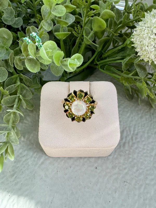 Bold emerald gemstone rings for green statements -Opal Center Flower Design Ring