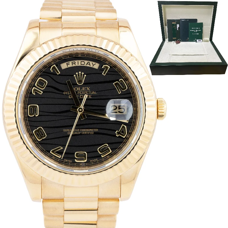 Men's dress watches with thin profiles and classic designs for formal occasions and events -OPEN CARD Rolex Day-Date II 41mm Black Wave President 218238 18K Gold Watch